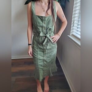 Melissa Odabash Rubi Olive Green Button-Front Midi Dress with Tie Waist S